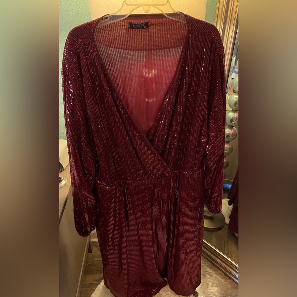 BloomChic Solid Pocket Lantern Sleeve Wrap Sequin Dress